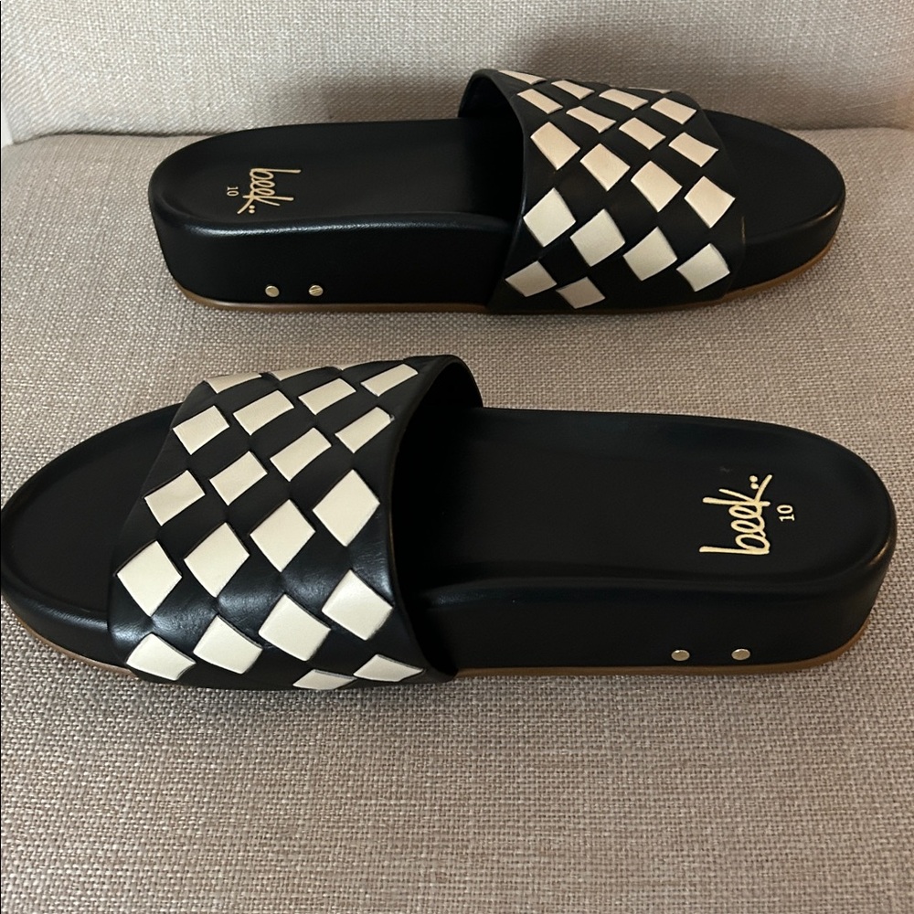 Beek Pelican Woven Slide Sandals Black White Checkerboard Size 10 - Picture 4 of 6